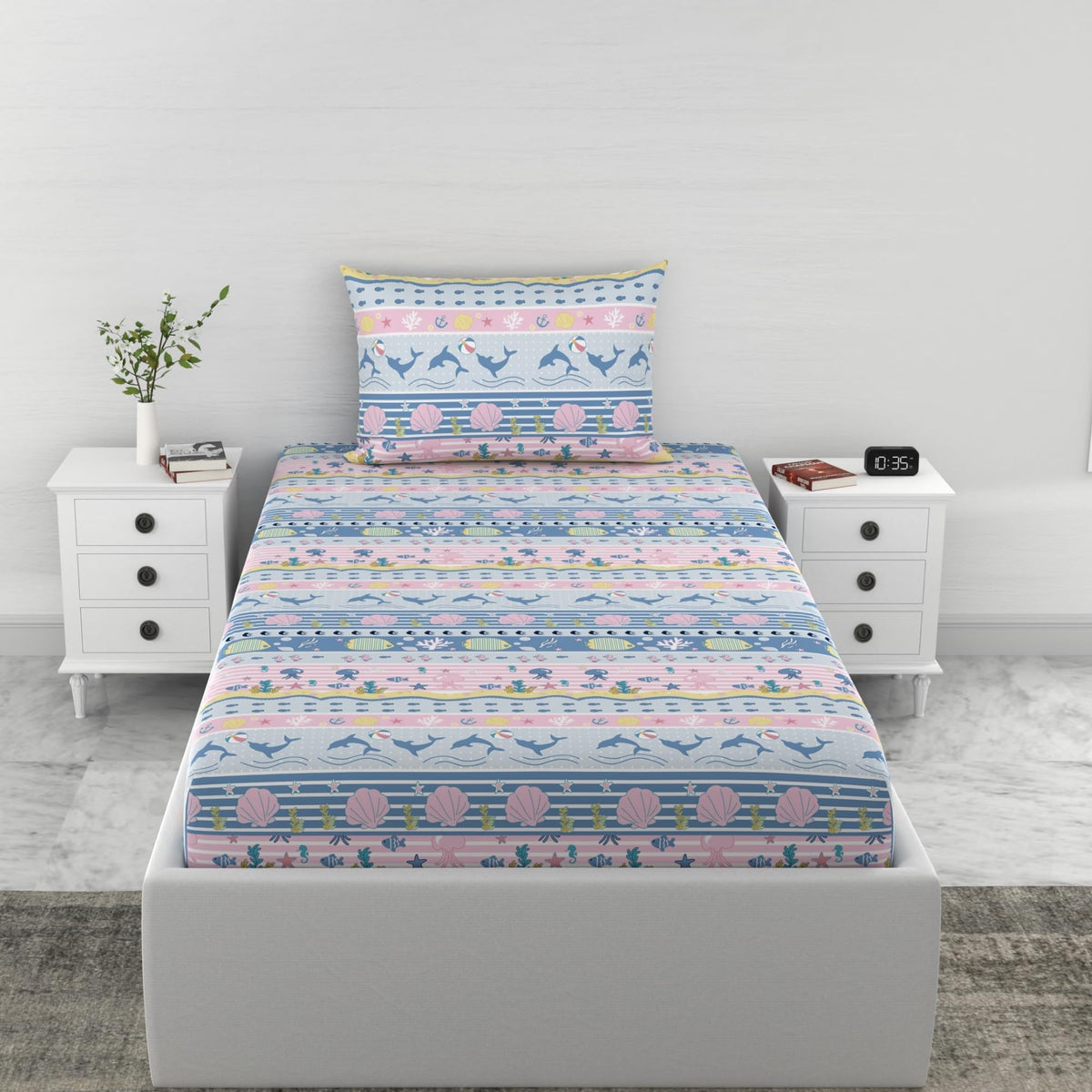 Loreto Pastel Blue Pink Sea Stripes Single Fitted Bedsheet | 186 TC | 100% Cotton | Fits 78 x 36 Inches | 8 Inch Pocket - main product image