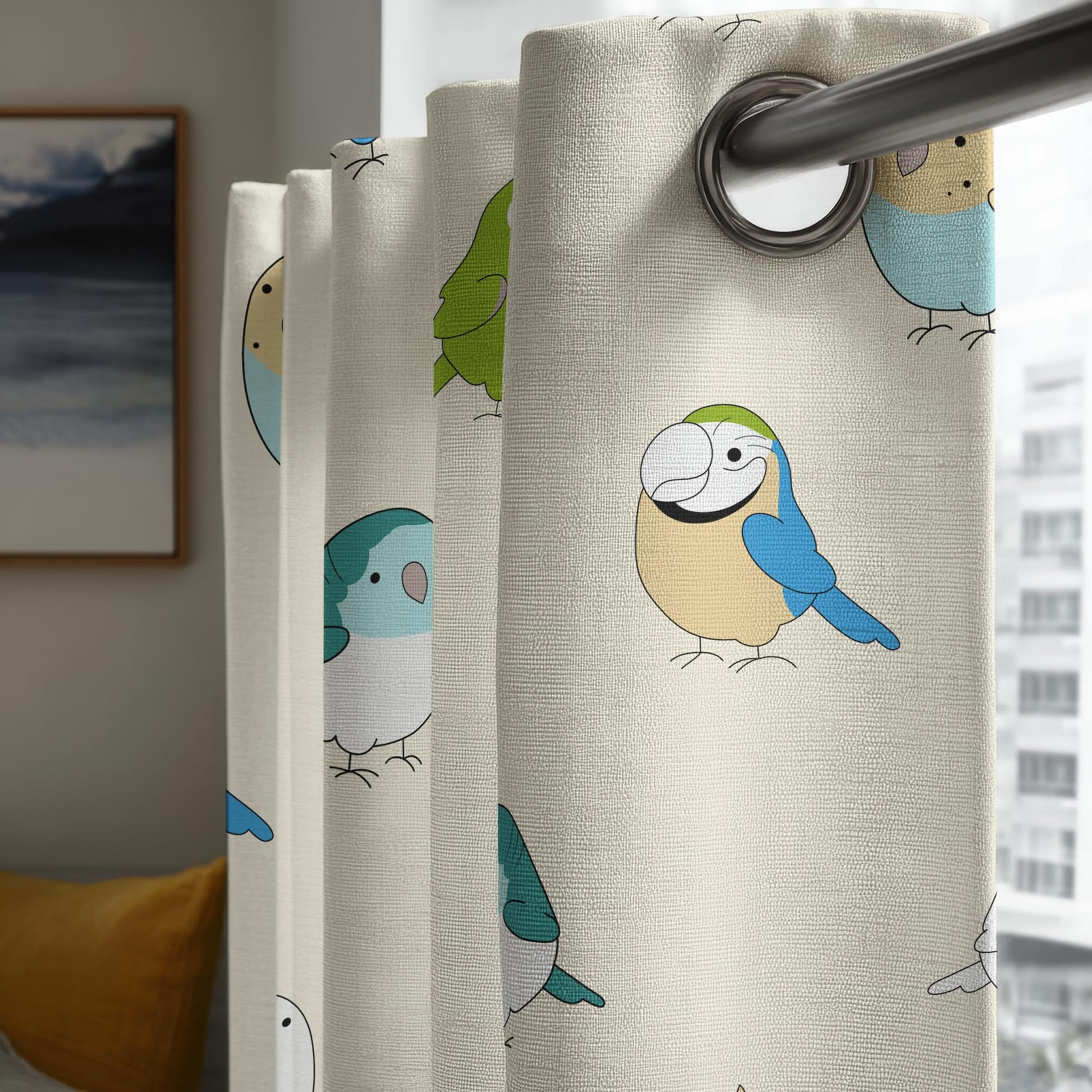 Multicolor Birds Window Curtain - Cotton Set of 2 (4 x 5 ft)