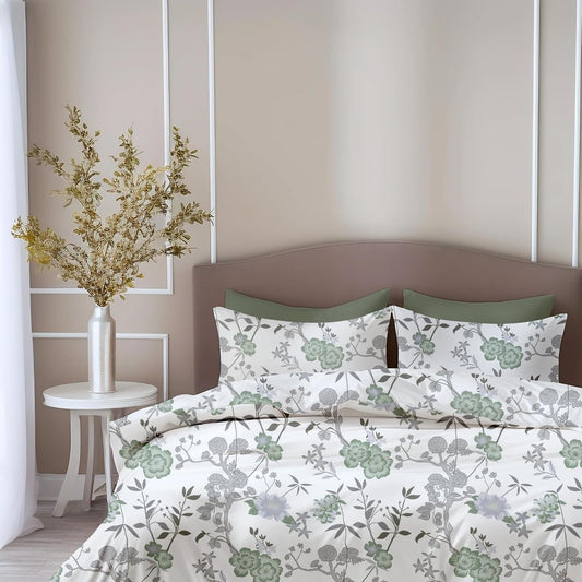Sage Green & Silver Blooms Soft & Breathable 100% Cotton Flat King Bedsheet, 144 TC
