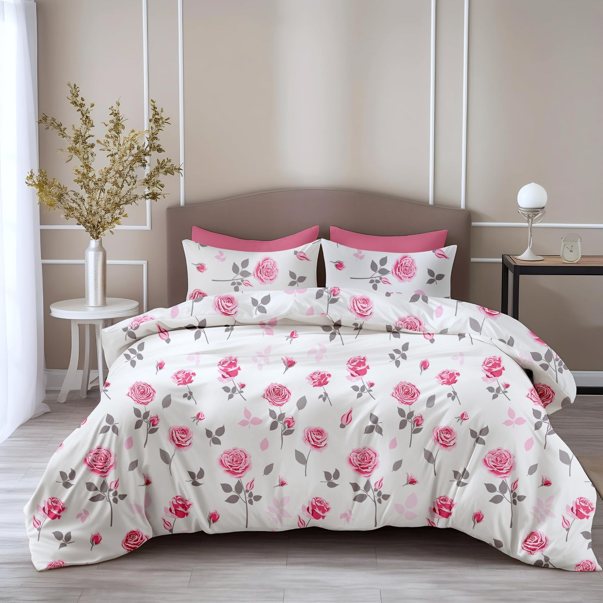 Pink Rose Symphony 100% Pure Cotton Double Bedsheet, 186 TC, 86 x 96 Inches, Soft & Breathable with 2 Pillow Covers