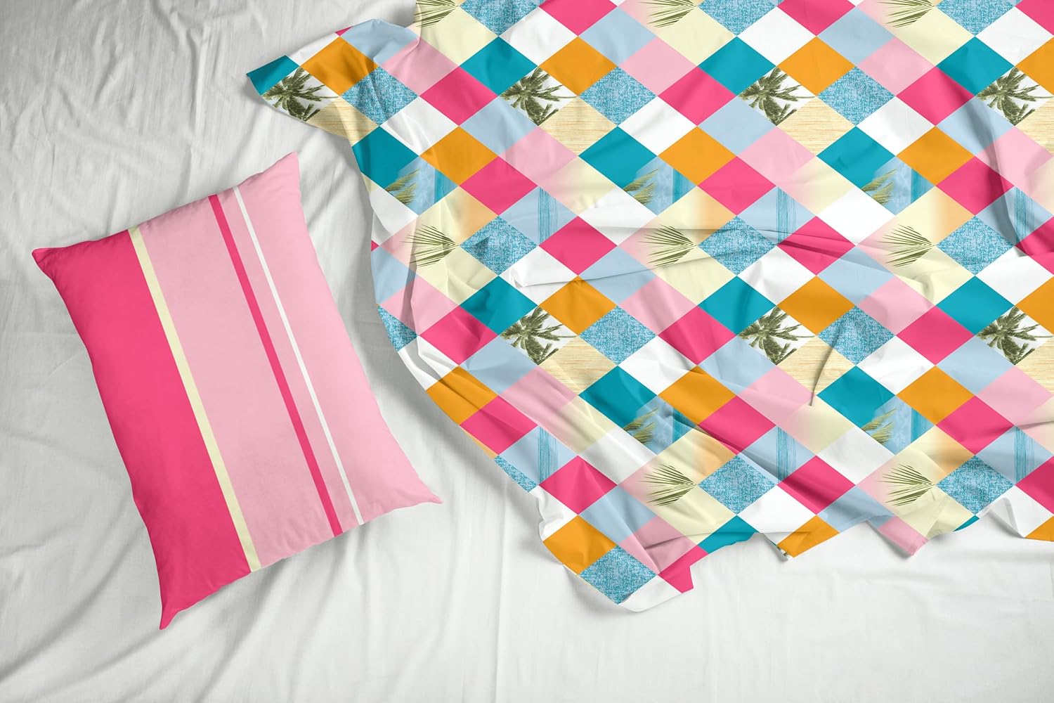 Pink Checkered  100% Cotton Flat Single Bedsheet, 144 TC