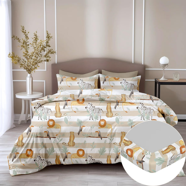 Loreto Cotton Double Fitted Bedsheet | Adventure Jungle Beige & Green