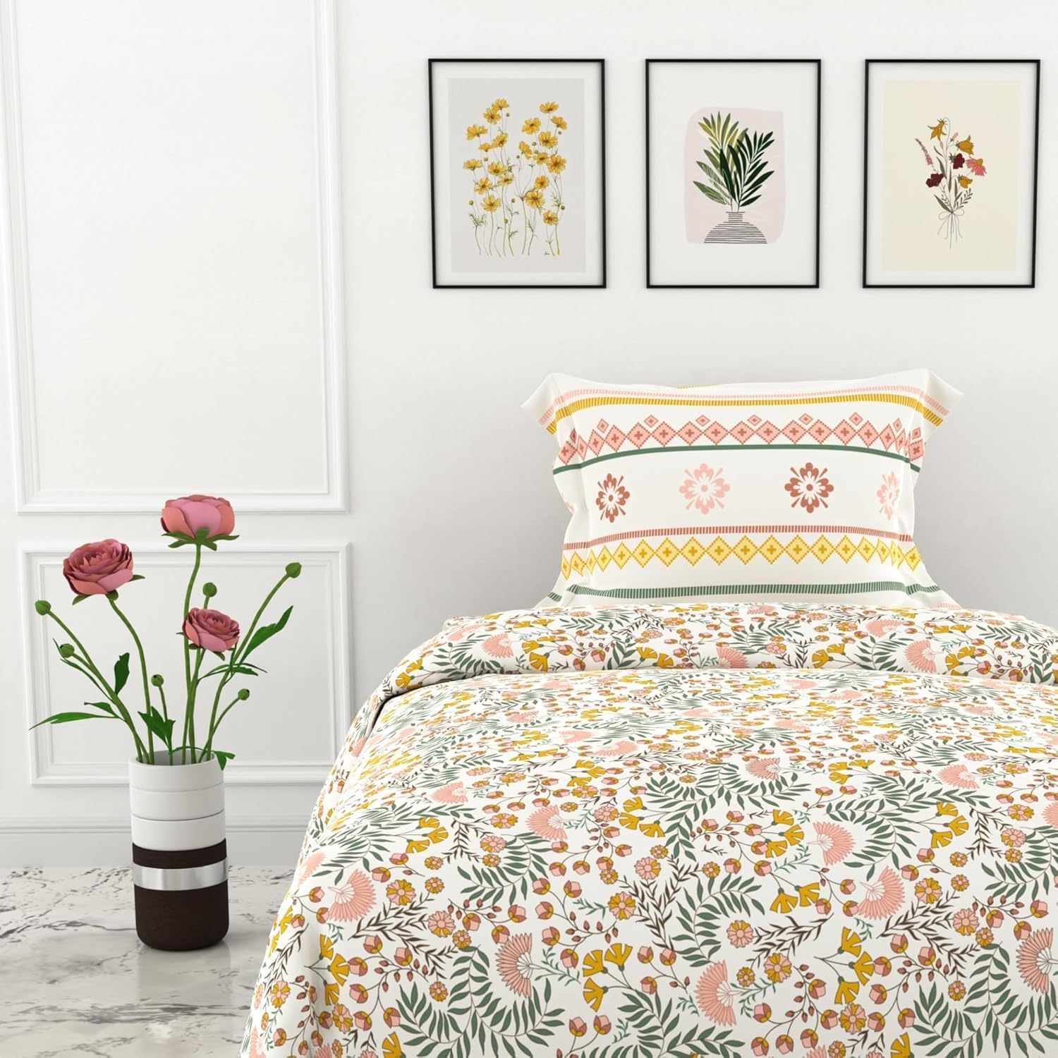 Ditsy Fresh Floral 144 TC 100% Cotton Elastic Fitted Single Bedsheet with 1 Pillow Cover - 78 x 36 Inches