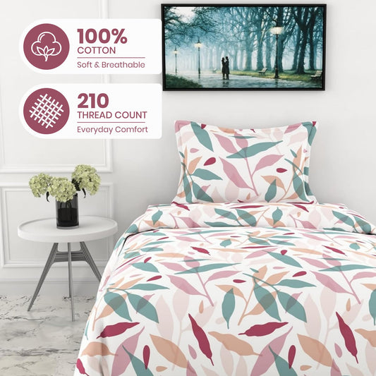 Pink Leaf Whisper Single Bedsheet - 210 TC 100% Cotton with 1 Pillow Cover (58 x 88 Inches)