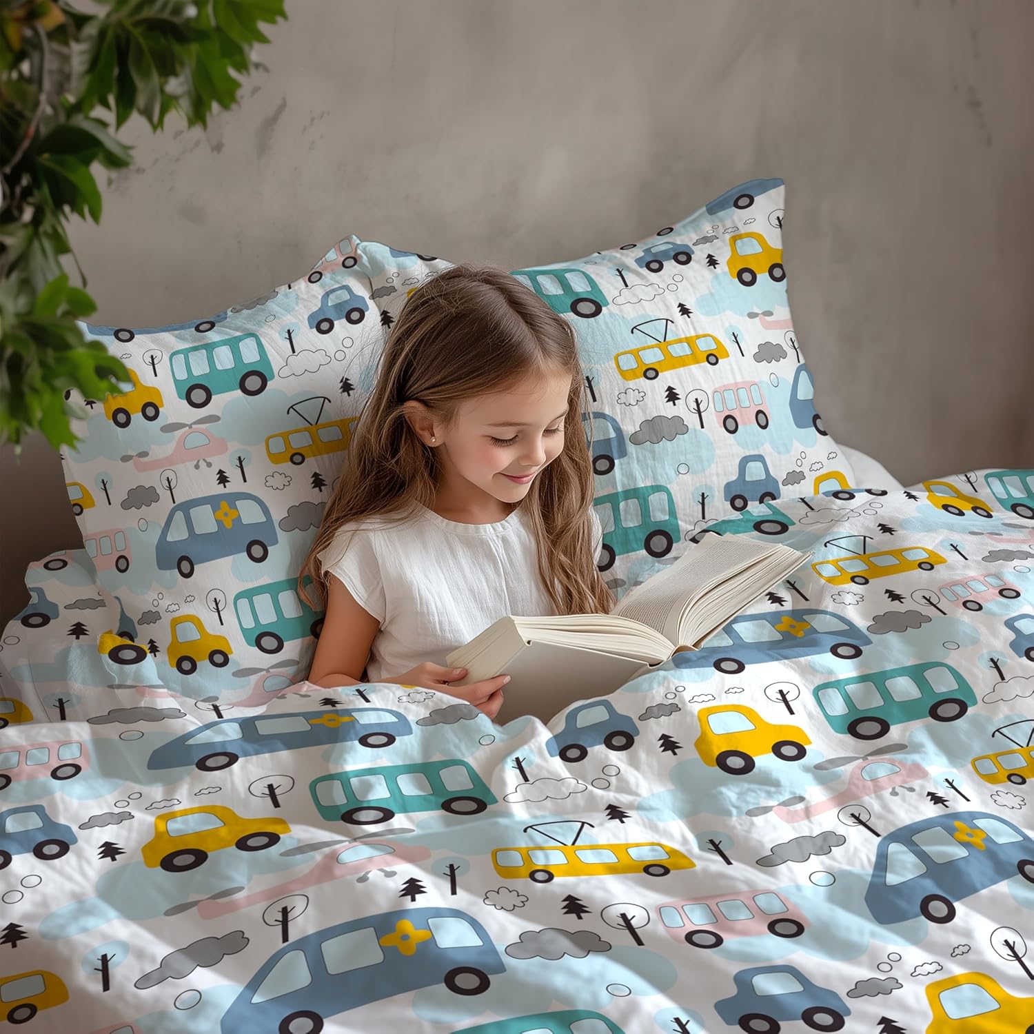 Bubblegum Blue Bus & Banana Yellow Cars 100% Cotton Flat Single Bedsheet, 144 TC