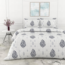 Navy Blue Floral Motif 186 TC Cotton King Size Elastic Fitted Bedsheet with 2 Pillow Covers - 78 x 72 Inches