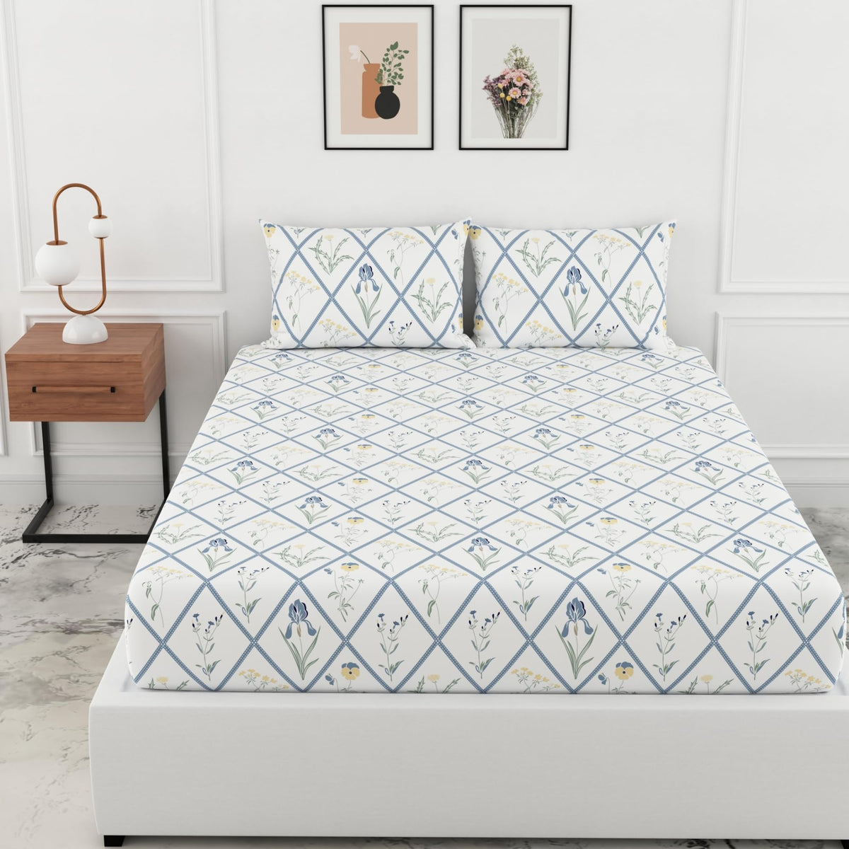 Loreto White Blue Diamond Floral Double Fitted Bedsheet | 186 TC | 100% Cotton | Fits 78 x 60 Inches | 8 Inch Pocket - main product image