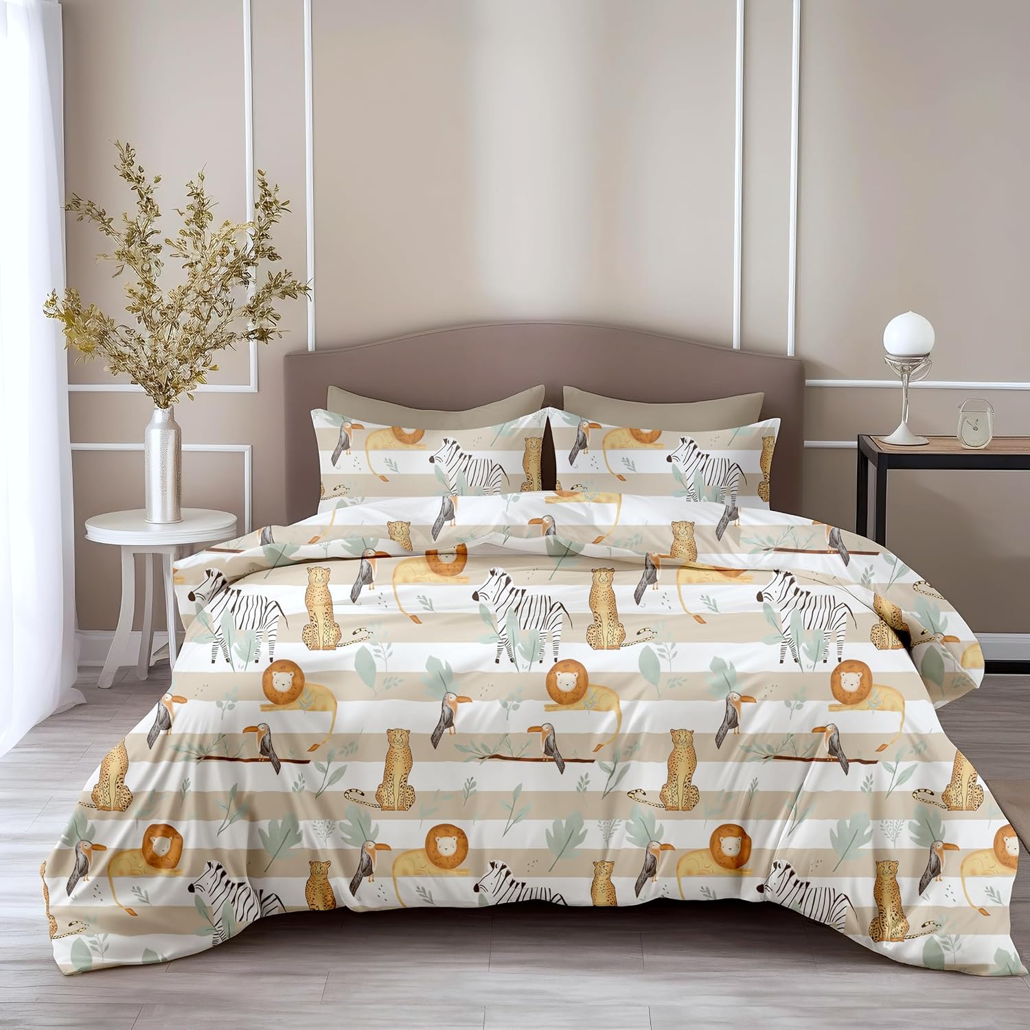 Loreto Cotton Double Bedsheet | Jungle Beige & Green Adventure Soft & Breathable