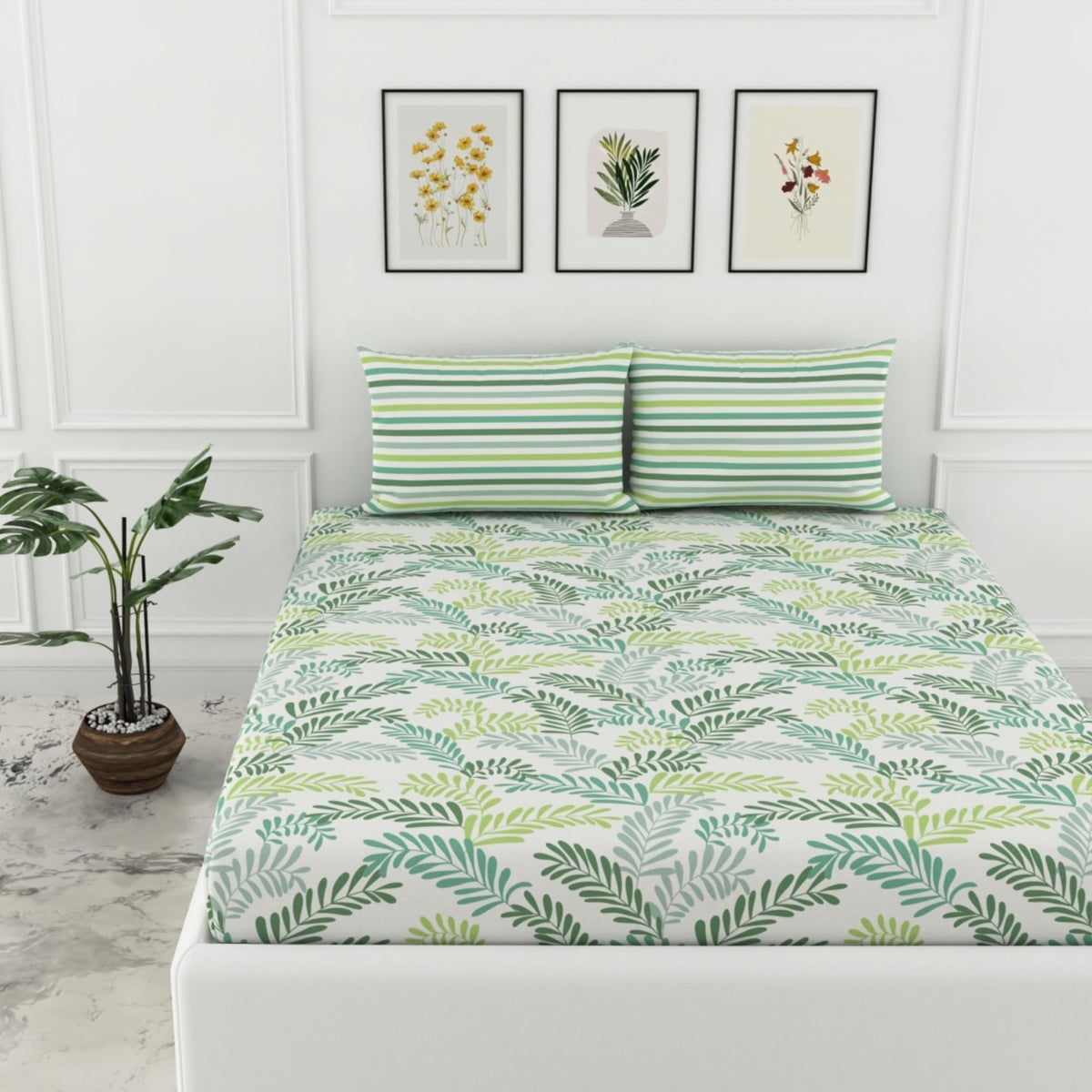 Loreto Green Leafy Haven Double Fitted Bedsheet | 144 TC | 100% Cotton | Fits 72 x 60 Inches | 8 Inch Pocket - main product image