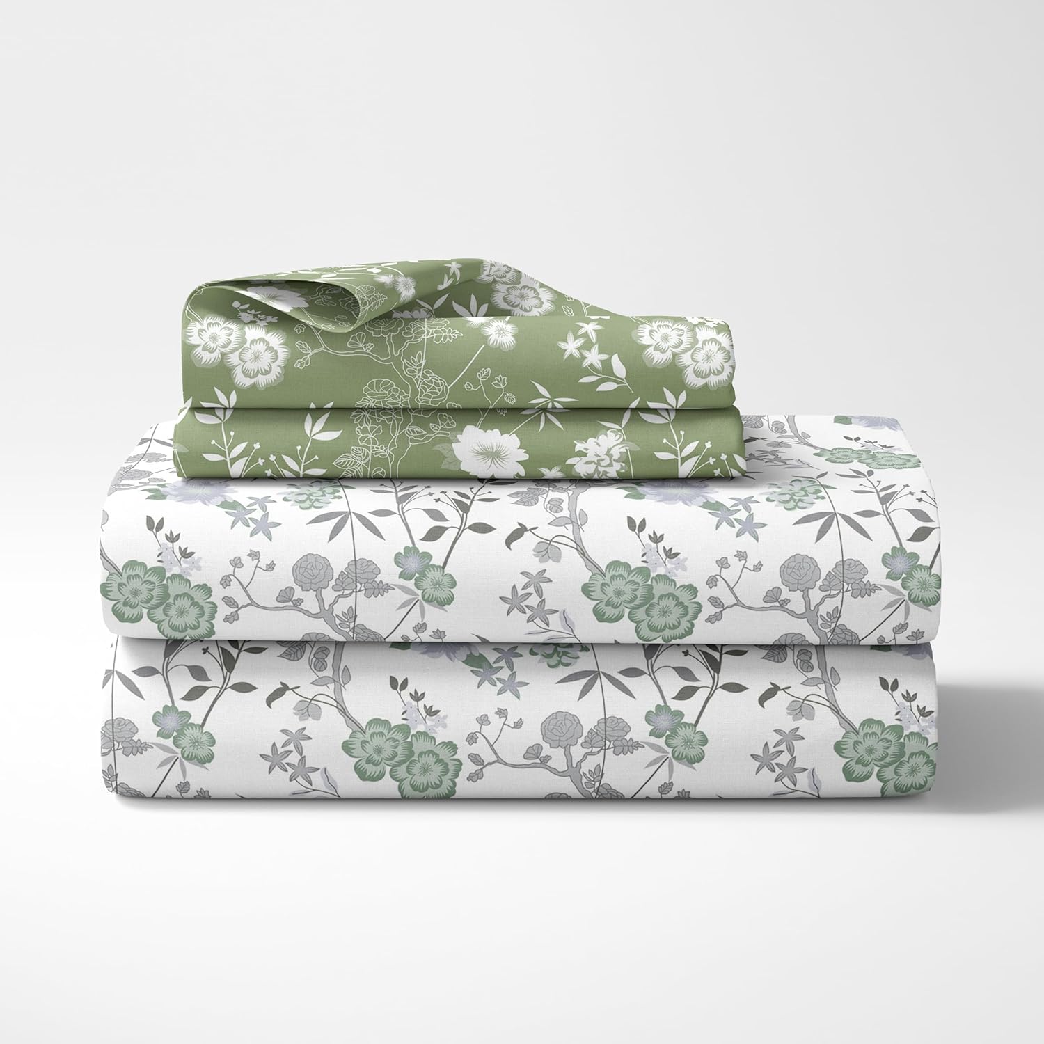 Sage Green Floral Harmony Soft & Breathable 100% Cotton Flat Double Bedsheet, 144 TC