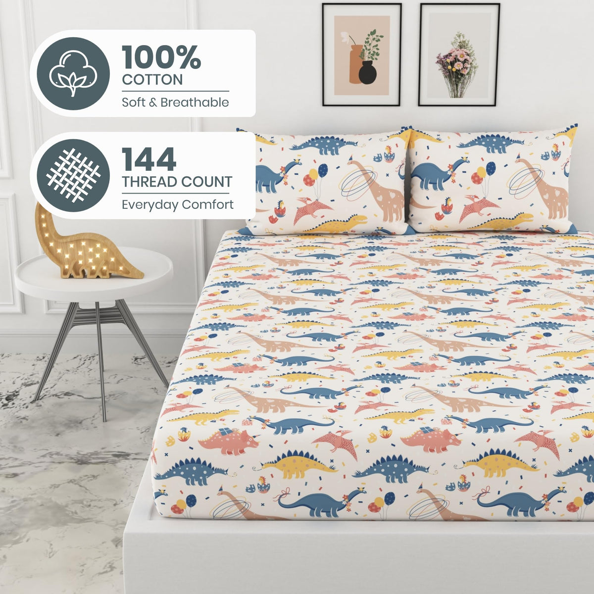 Coral Blue Dino Party 100% Cotton Double Fitted Bedsheet with 2 Pillow Covers, 144 TC, 78 x 60 Inches