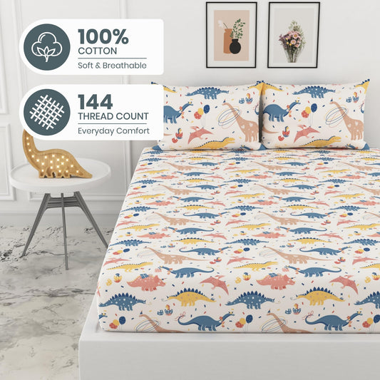 Coral Blue Dino Party 100% Cotton Double Fitted Bedsheet with 2 Pillow Covers, 144 TC, 78 x 60 Inches