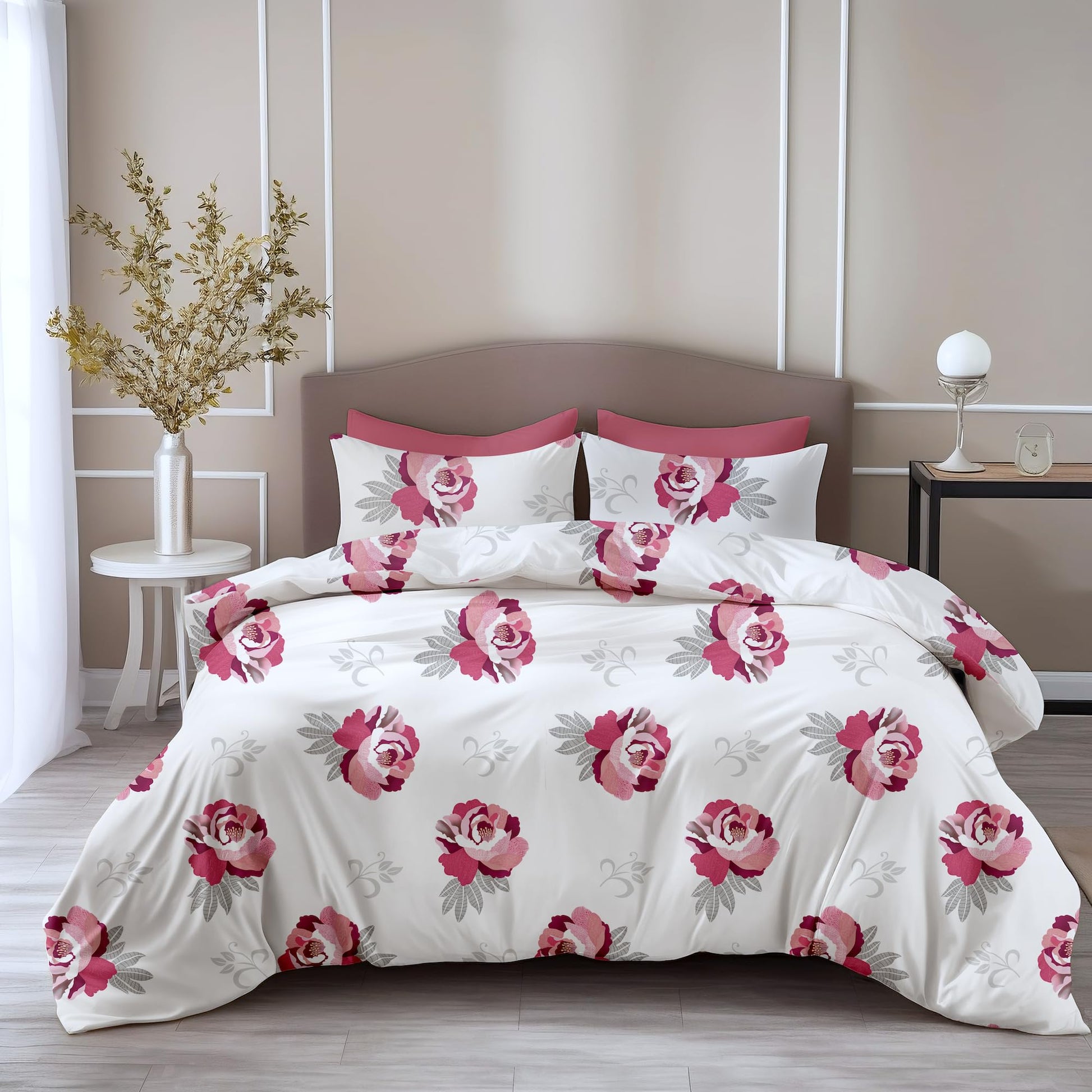 Wine & Pink Floral Double Bedsheet - 210 TC 100% Cotton with 2 Pillow Covers (90 x 90 Inches)