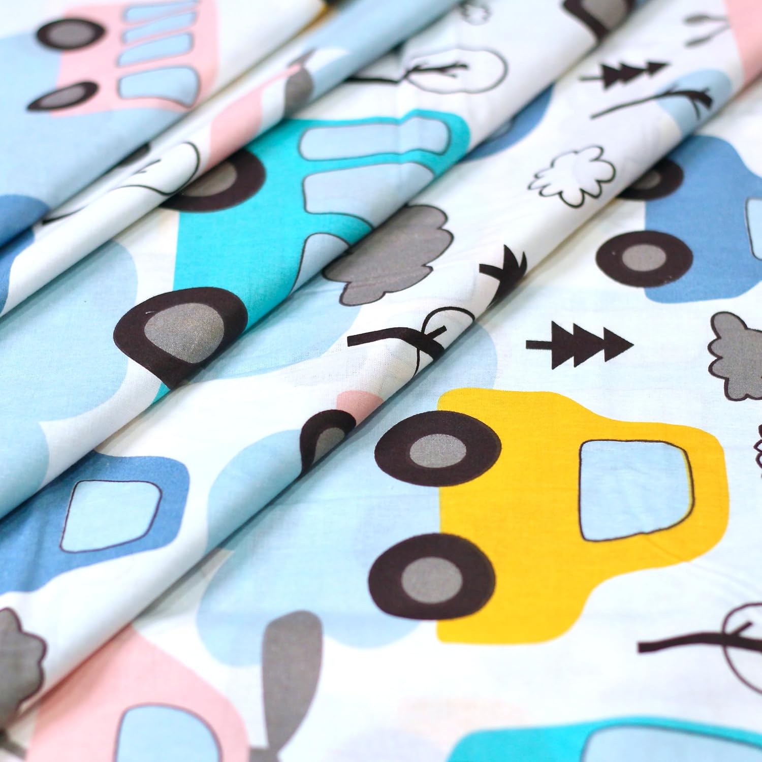 Bubblegum Blue Bus & Banana Yellow Cars 100% Cotton King Fitted Bedsheet, 144 TC