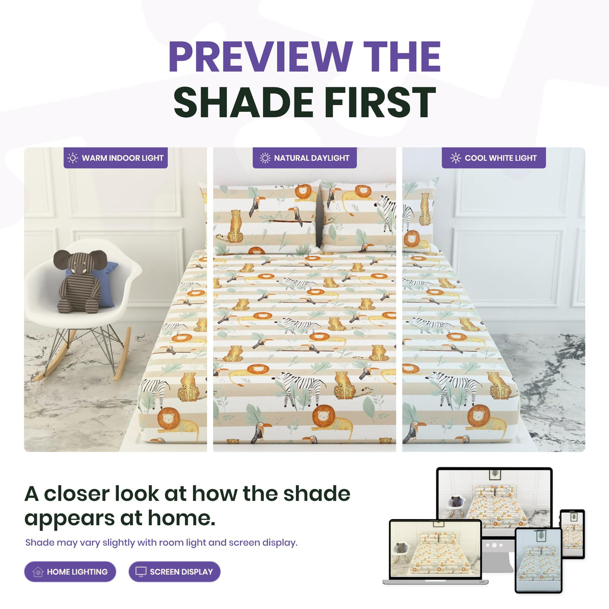 100% Cotton King Size Fitted Bedsheet 78 x 72 Inches with 2 Pillow Covers | Jungle Beige & Green Print | Soft & Breathable 144 TC Fabric