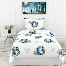 Navy Floral Single Bedsheet - 210 TC 100% Cotton with 1 Pillow Cover (58 x 88 Inches)