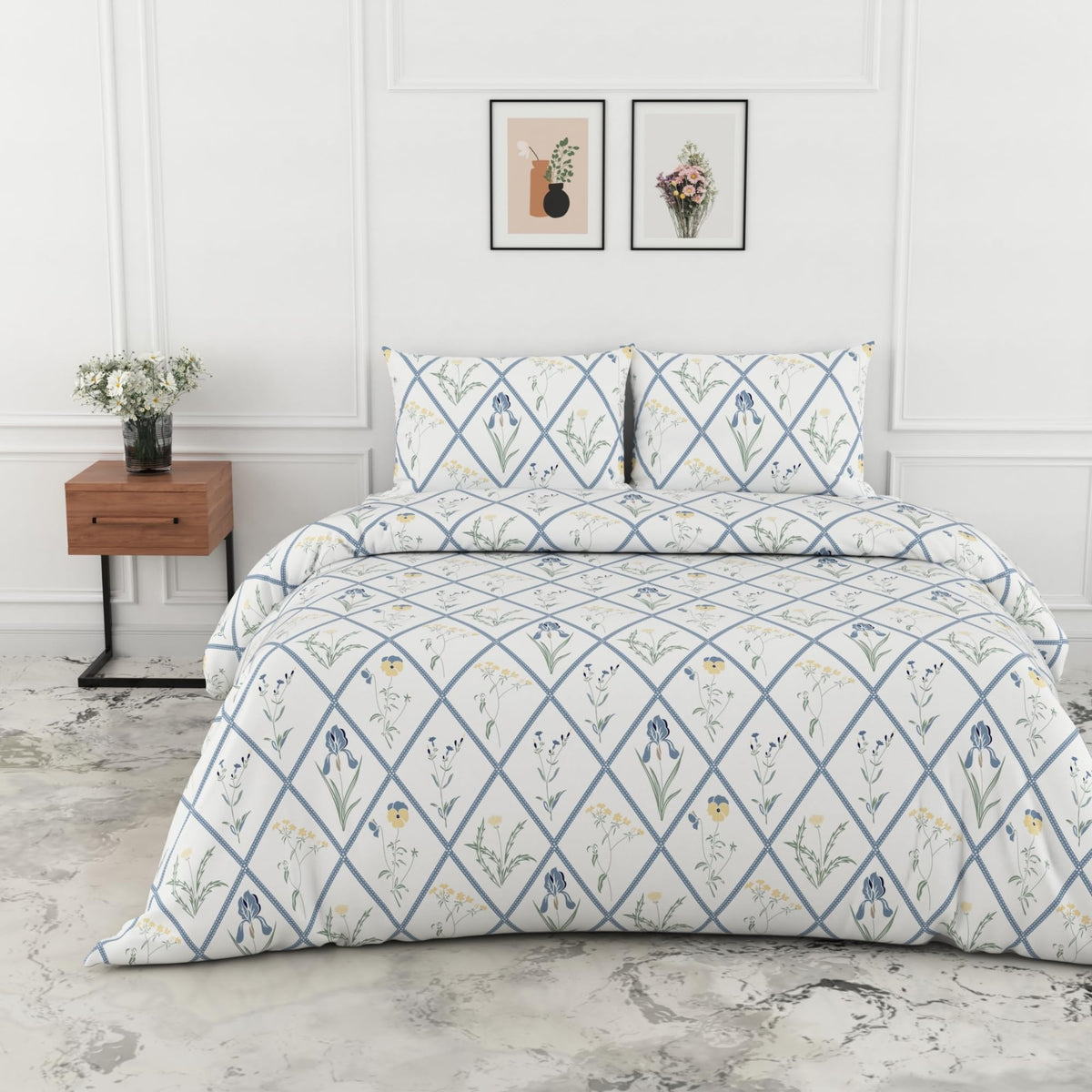 Loreto White Blue Diamond Floral Double Bedsheet | 186 TC | 100% Cotton | 88 x 90 Inches - main product image