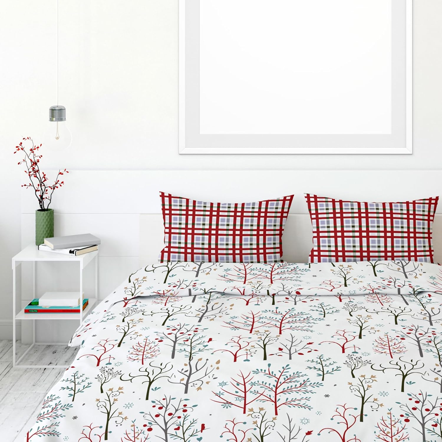 Red and Teal with Plaid Accent 100% Cotton Flat Double Bedsheet, 186 TC