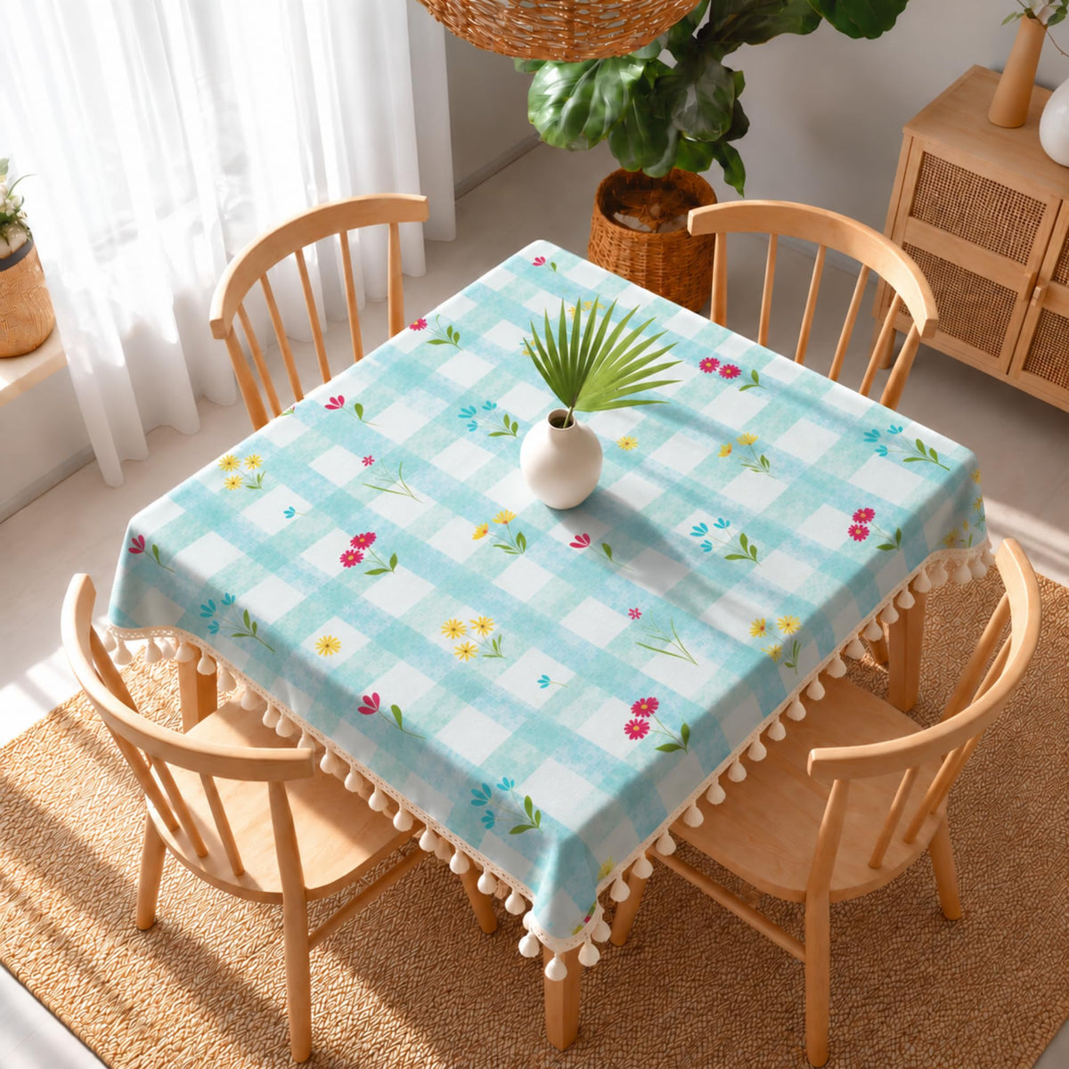 Loreto Minty Floral Check Cotton Dining Table Cover | 48 x 48 Inches - main product image