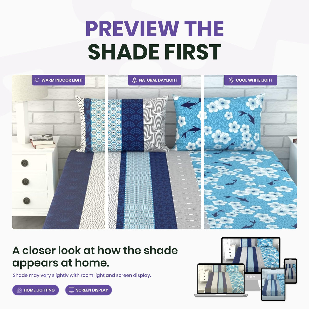 Blue Floral 100% Cotton Flat Double Bedsheet, 186 TC
