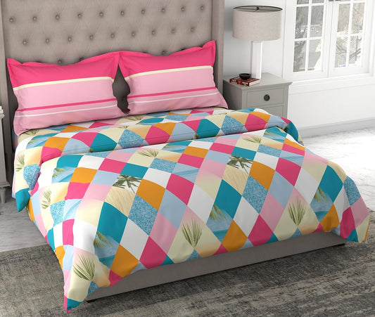 Pinky White Checkered 100% Cotton Flat Double Bedsheet, 144 TC