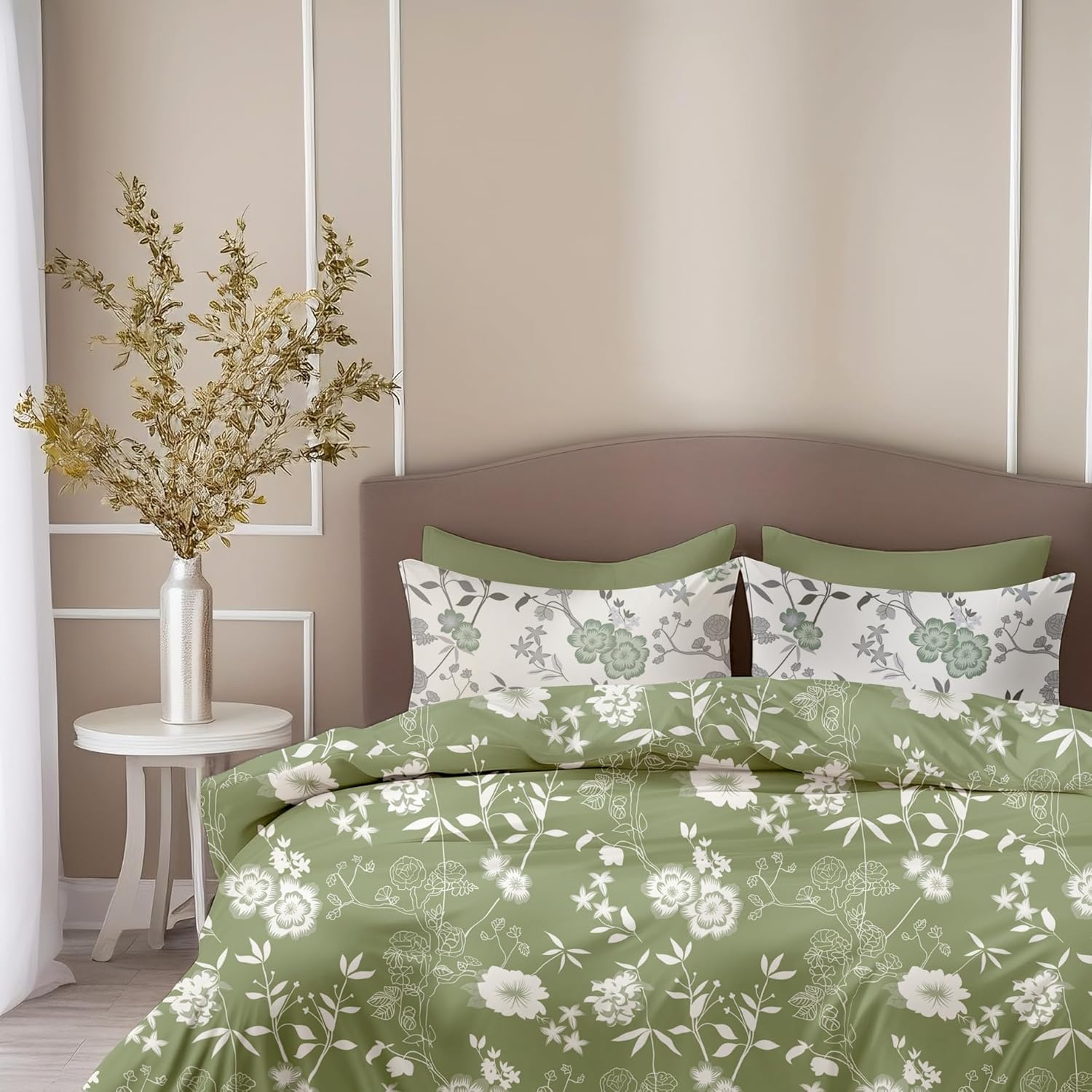 Olive Green Floral Elegance Soft & Breathable 100% Cotton Flat Double Bedsheet, 144 TC