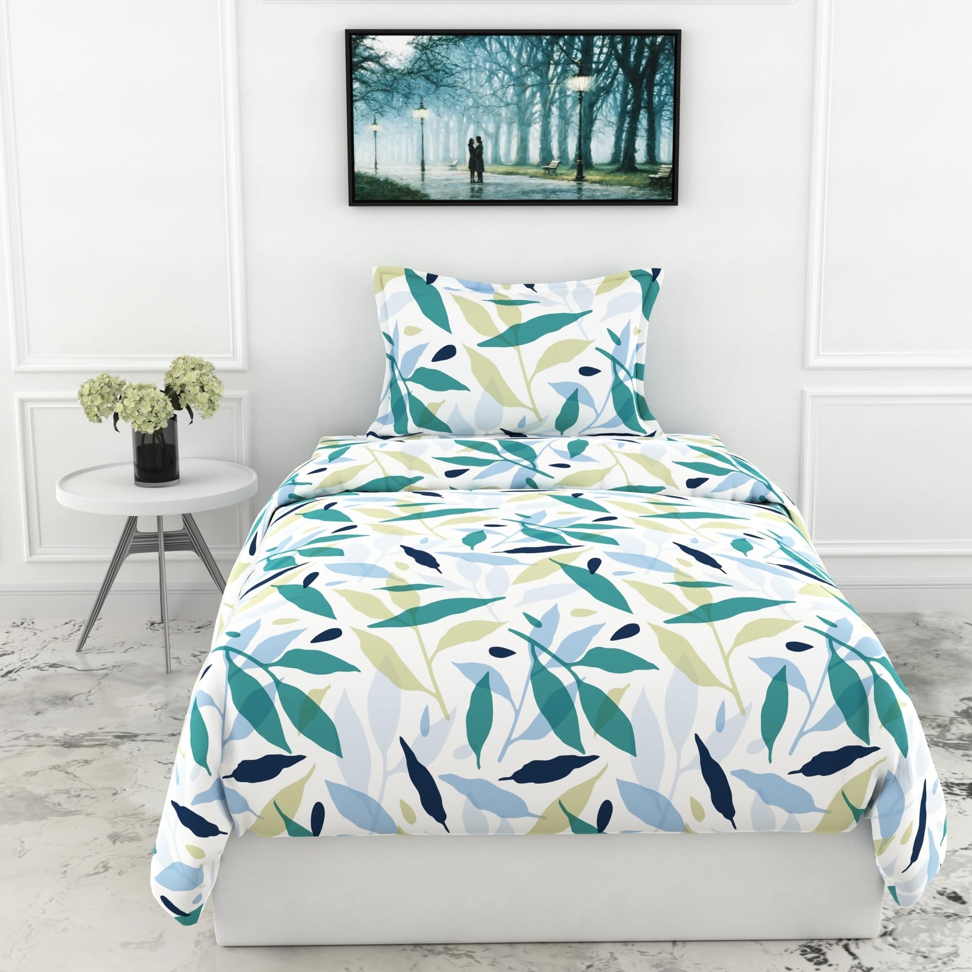 Green Leaf Whisper Single Bedsheet - 210 TC 100% Cotton with 1 Pillow Cover (58 x 88 Inches)