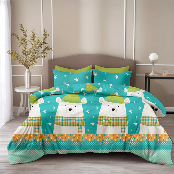 Loreto Cotton Double Bedsheet | Aqua Teal Cozy Polar Bear 186 TC Cotton , 90 x 90 Inches - Soft Percale Weave with 2 Covers, Durable & Breathable