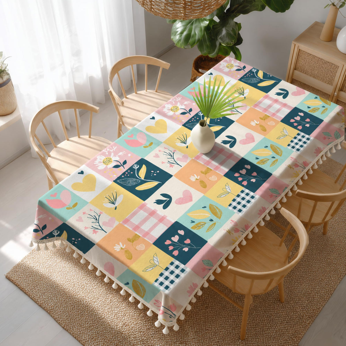 Loreto Pastel Garden on White Grid Cotton Dining Table Cover | 48 x 72 Inches - main product image