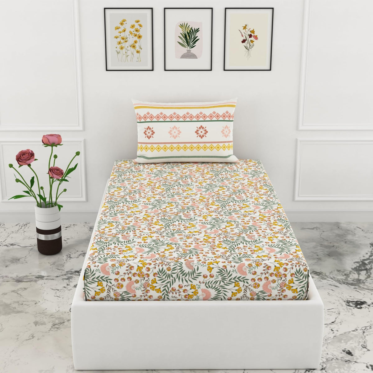 Loreto Cotton Single Fitted Bedsheet | Ditsy Fresh Floral 144 TC