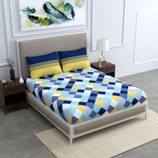 Vivid Blue and Yellow Checkered 100% Cotton Flat Double Bedsheet, 144 TC