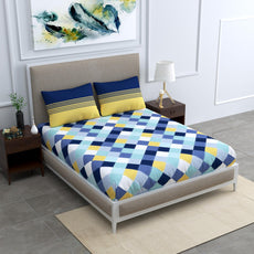 Vivid Blue and Yellow Checkered 100% Cotton Flat Double Bedsheet, 144 TC