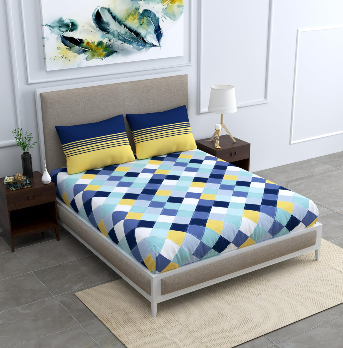 Vivid Blue and Yellow Checkered 100% Cotton Flat Double Bedsheet, 144 TC