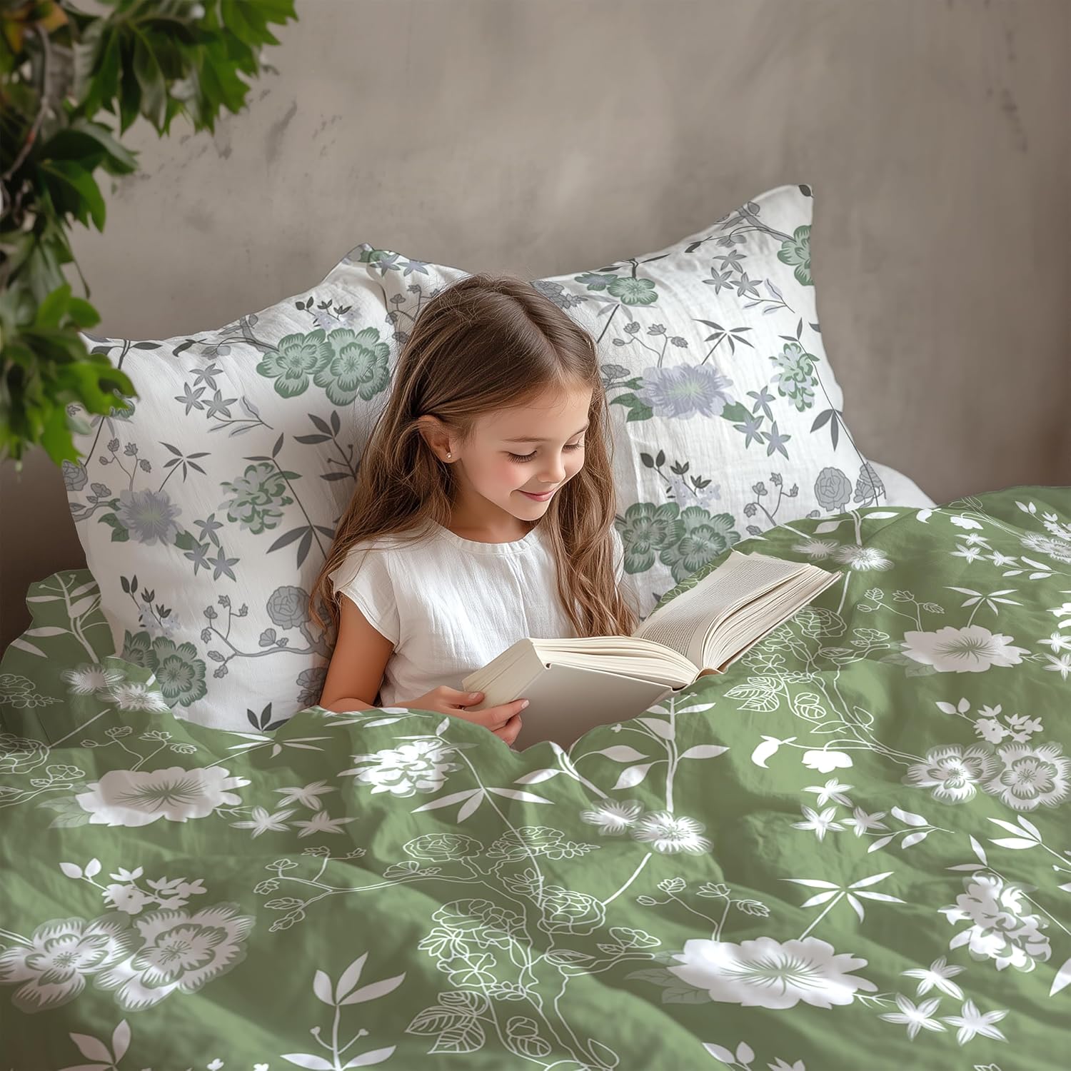 Olive Green Floral Elegance Soft & Breathable 100% Cotton Flat Double Bedsheet, 144 TC