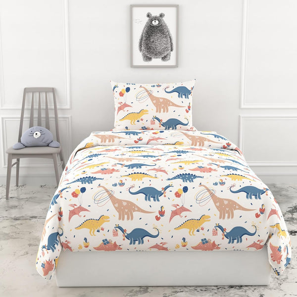 Loreto Cotton Single Bedsheet | Coral Blue Dino Party Soft & Breathable