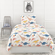 Loreto Cotton Single Bedsheet | Coral Blue Dino Party Soft & Breathable