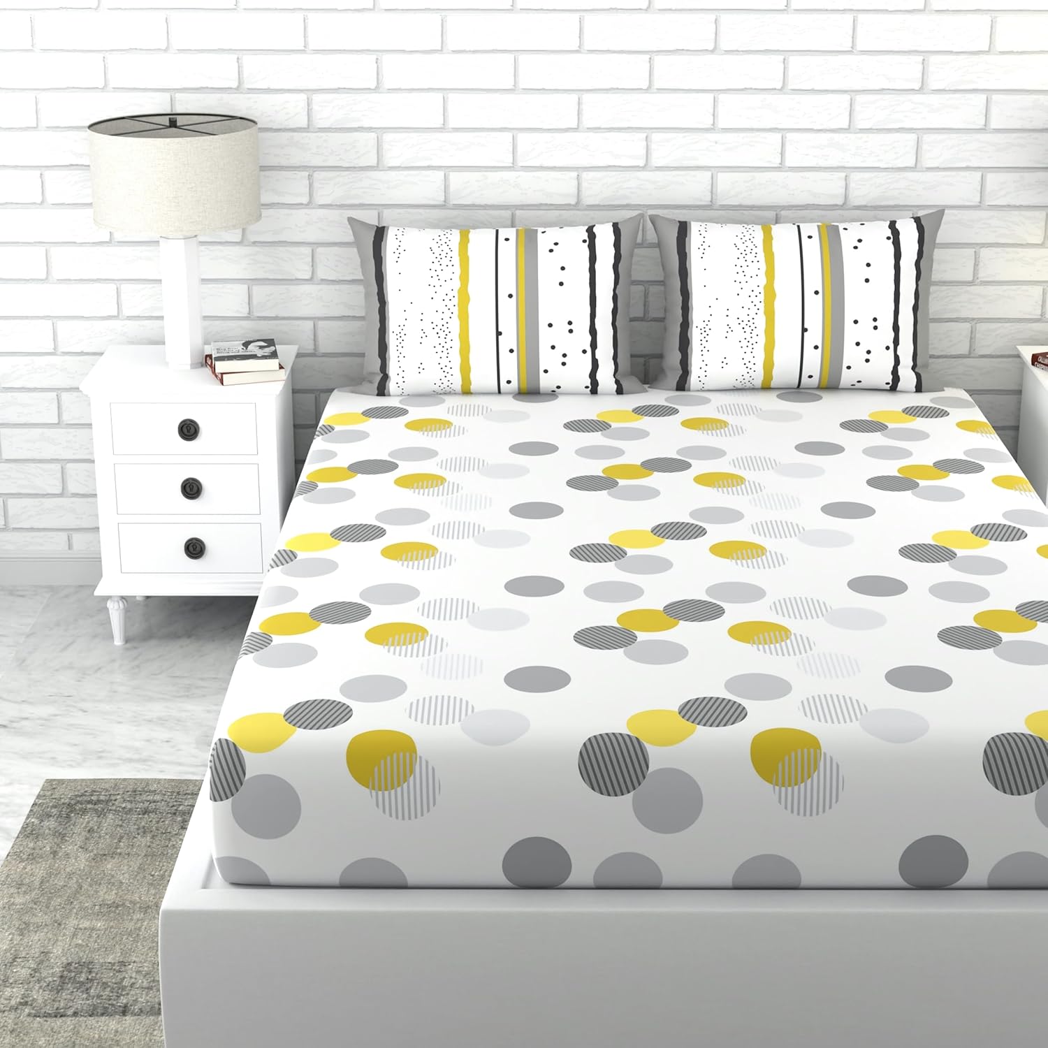 Grey and Yellow Polka Dots 100% Cotton Double Fitted Bedsheet, 144 TC