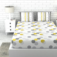 Grey and Yellow Polka Dots 100% Cotton Double Fitted Bedsheet, 144 TC