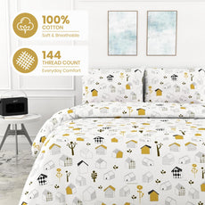 White Kids House Drawing Design Soft & Breathable 100% Cotton Flat King Bedsheet, 144 TC