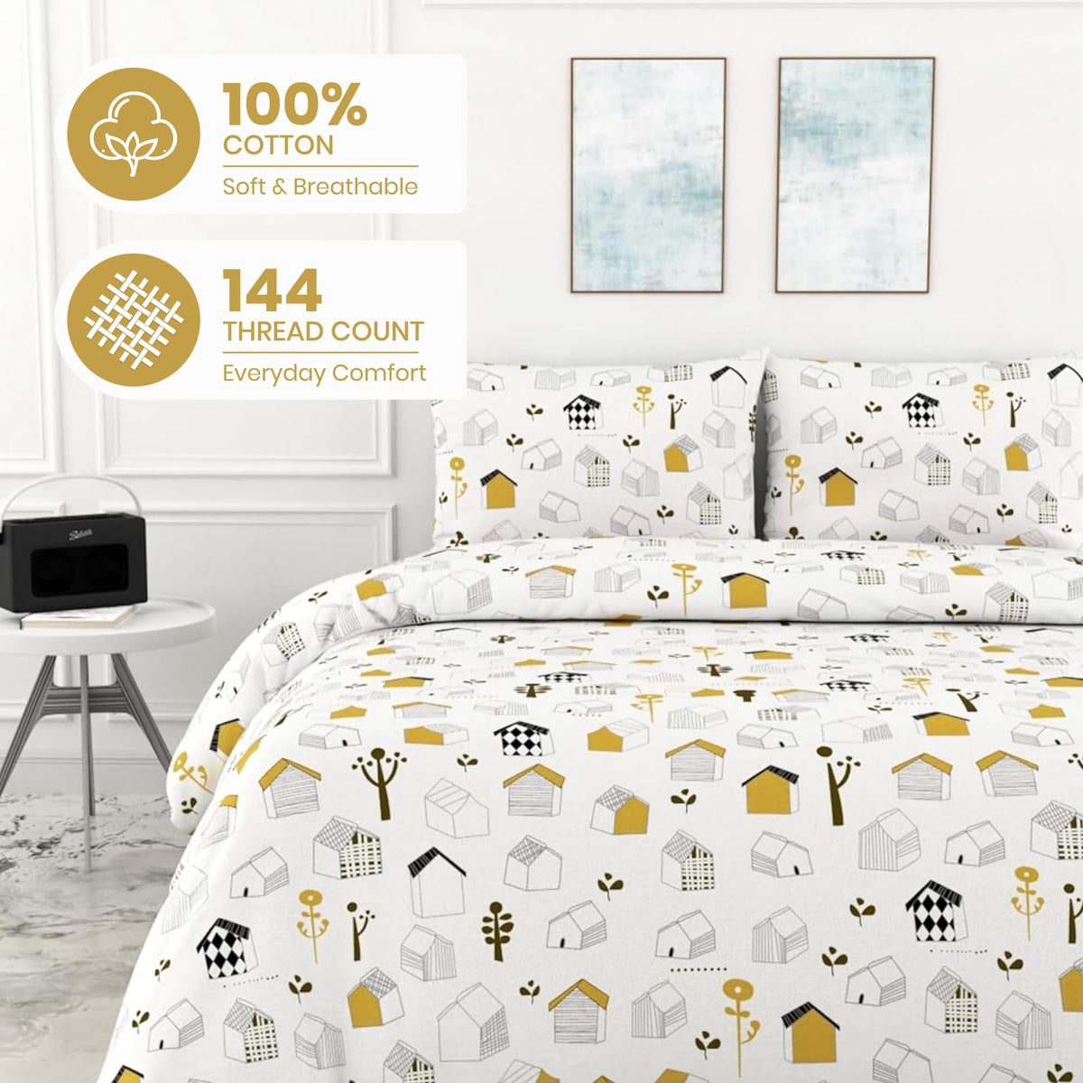 White Kids House Drawing Design Soft & Breathable 100% Cotton Flat King Bedsheet, 144 TC