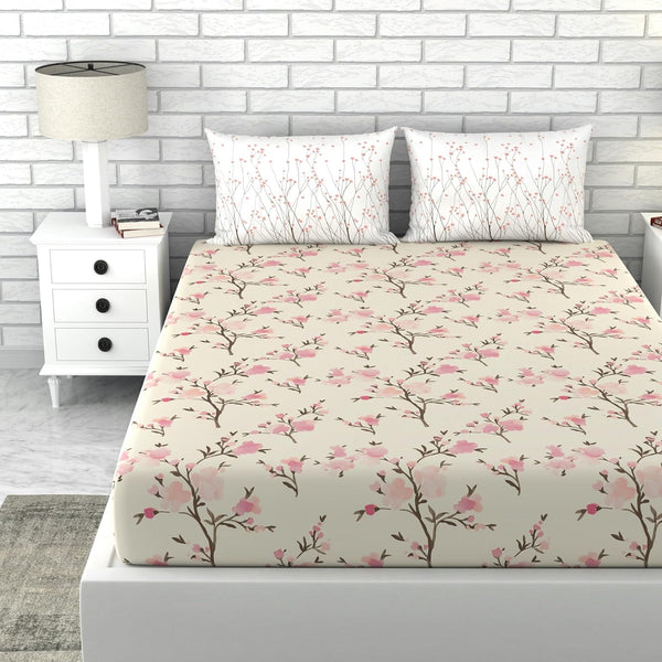 Loreto Cotton Double Bedsheet | Blush Pink Floral Branch