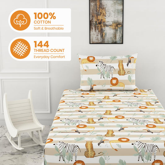 Jungle Beige 144 TC 100% Cotton Elastic Fitted Single Bedsheet with 1 Pillow Cover - 78 x 36 Inches