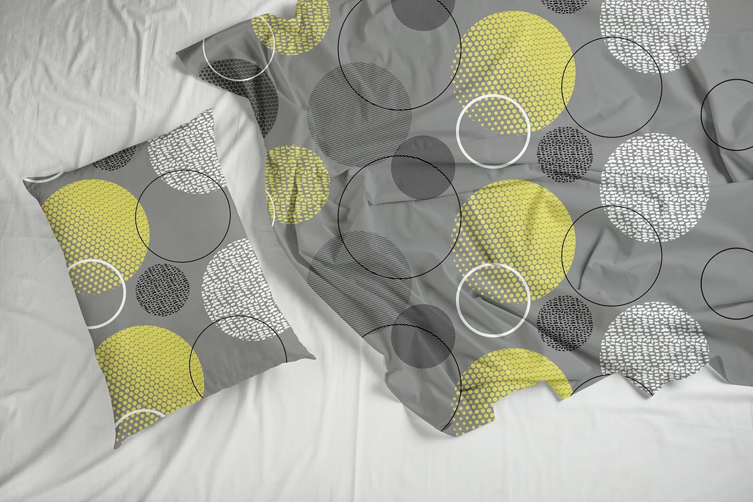 Geometric Grey & Yellow 100% Cotton Flat Double Bedsheet, 144 TC