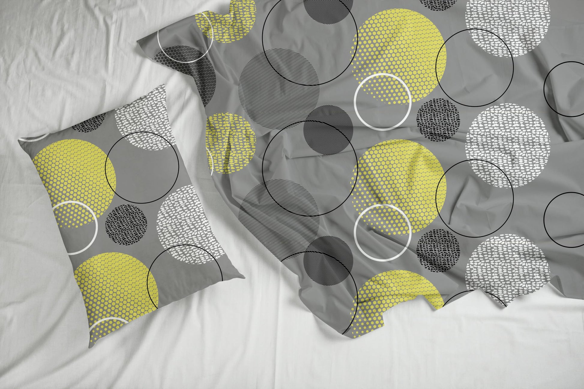 Grey & Yellow Geometric 100% Cotton Flat Double Bedsheet, 144 TC, 88 x 90 Inches