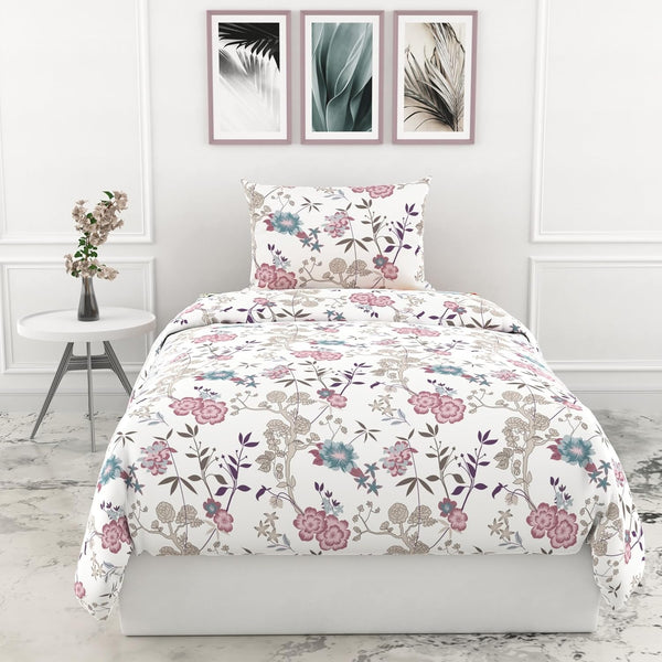 Loreto Cotton Single Bedsheet | Blush Pink & Teal Floral Vines Soft & Breathable