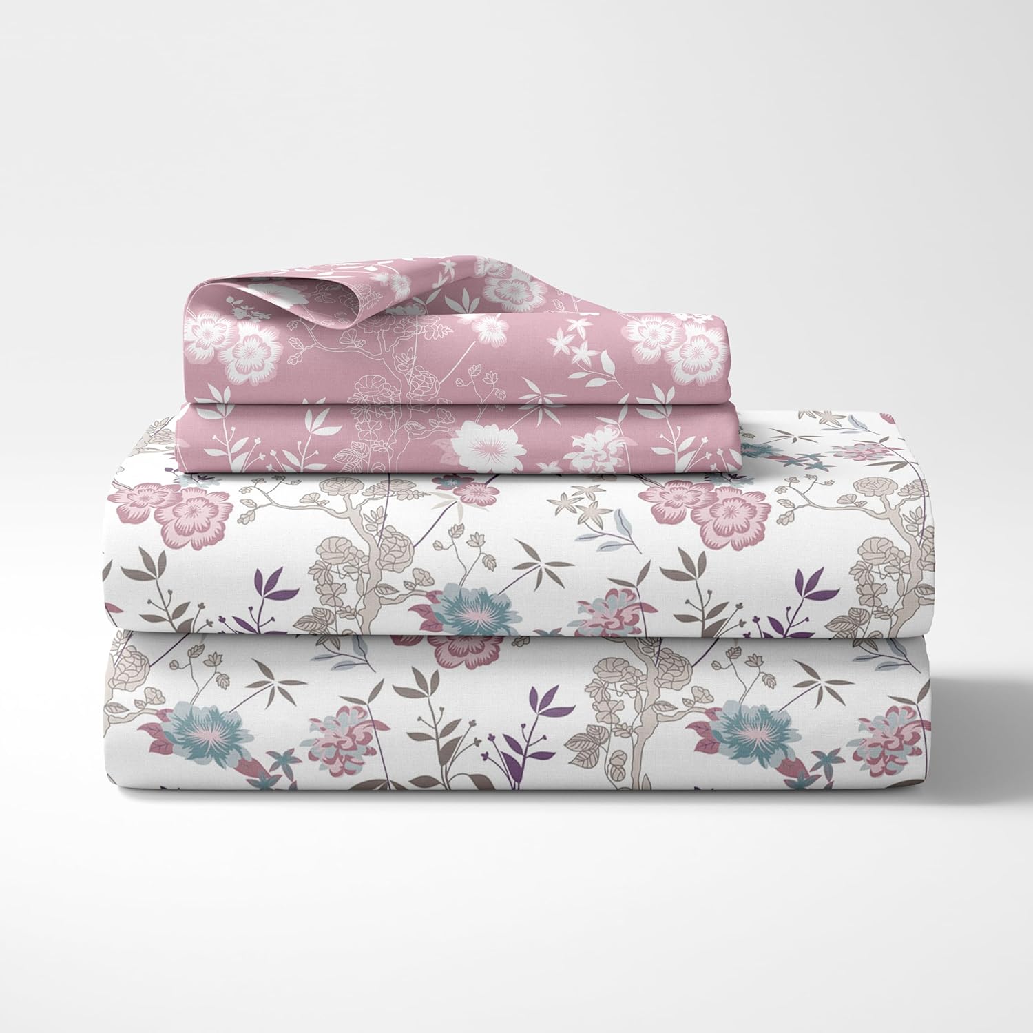Blush Pink & Teal Blooms Soft & Breathable 100% Cotton Flat Double Bedsheet, 144 TC