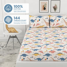 Coral Blue Dino Party 100% Cotton King Size Elastic Fitted Bedsheet with 2 Pillow Covers, 144 TC, 78 x 72 Inches