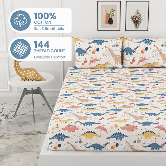 Coral Blue Dino Party 100% Cotton King Size Elastic Fitted Bedsheet with 2 Pillow Covers, 144 TC, 78 x 72 Inches