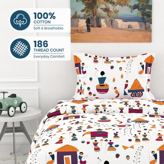 Tribal Motifs 100% Cotton Single Bed Bedsheet with Pillow Cover | 186 TC Percale Weave | Soft, Durable & Breathable Flat Sheet 58 x 88 Inches