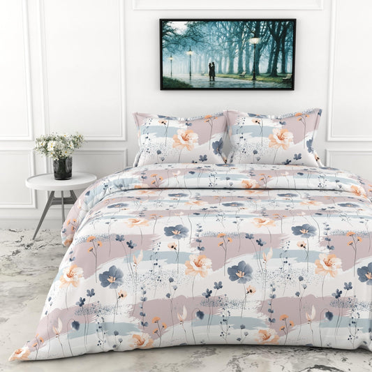 Blue & Peach Double Bedsheet - 210 TC 100% Cotton with 2 Pillow Covers (90 x 90 Inches)